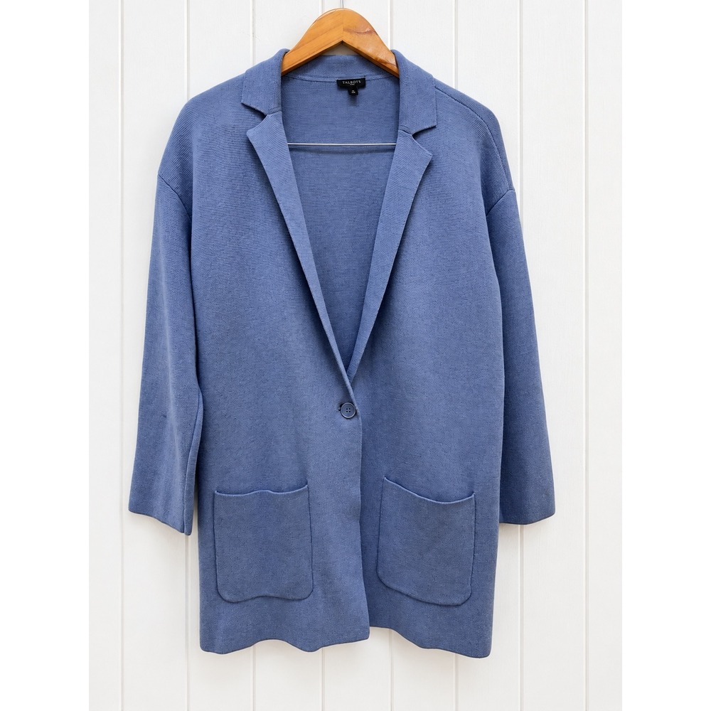 Talbots Plus Sweater Blazer 0X Blue Cotton Rayon Knit Longline Cardigan Pockets
